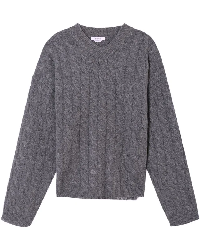 Retro Style Grey Heather Cashmere Cable V Neck Pullover